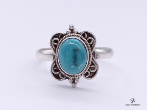 BA129 Bague Tibétaine Argent Massif Turquoise. Taille 58
