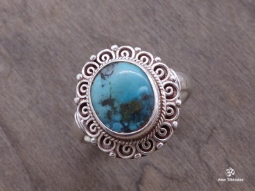 BA221 Bague Tibétaine Argent Massif Turquoise. Taille 58