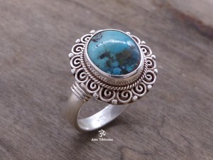 BA221 Bague Tibétaine Argent Massif Turquoise. Taille 58