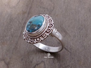 BA221 Bague Tibétaine Argent Massif Turquoise. Taille 58