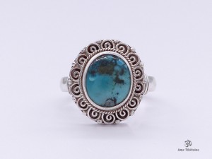 BA221 Bague Tibétaine Argent Massif Turquoise. Taille 58