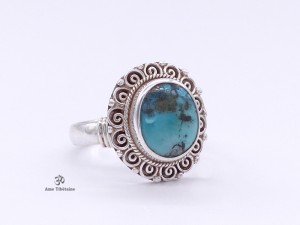 BA221 Bague Tibétaine Argent Massif Turquoise. Taille 58