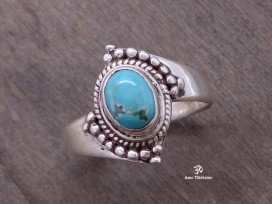 BA230 Bague Tibétaine Argent Massif Turquoise. Taille 58