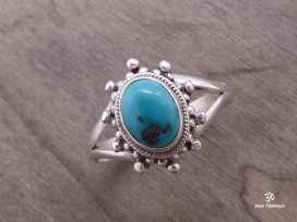 BA231 Bague Tibétaine Argent Massif Turquoise. Taille 58