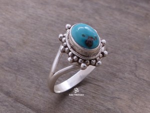 BA231 Bague Tibétaine Argent Massif Turquoise. Taille 58