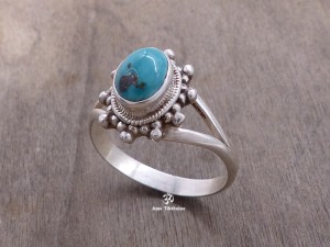 BA231 Bague Tibétaine Argent Massif Turquoise. Taille 58