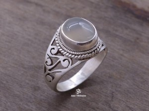 BA232 Bague Tibétaine Argent Massif Quartz. Taille 58