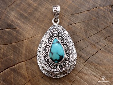 PA423. Pendentif Tibétain Argent Massif Turquoise