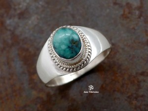 BA282 Bague Tibétaine Argent Massif Turquoise. Taille 54