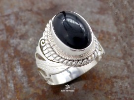 BA288 Bague Tibétaine Argent Massif Onyx. Taille 58