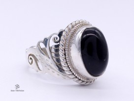 BA288 Bague Tibétaine Argent Massif Onyx. Taille 58