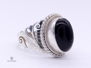 BA288 Bague Tibétaine Argent Massif Onyx. Taille 58