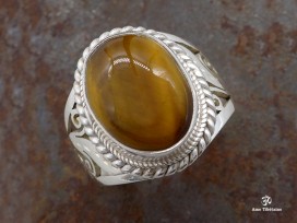 BA289 Bague Tibétaine Argent Massif Oeil de Tigre. Taille 60