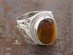 BA289 Bague Tibétaine Argent Massif Oeil de Tigre. Taille 60