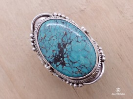 BA141 Bague Tibétaine Argent Massif Turquoise. Taille 62