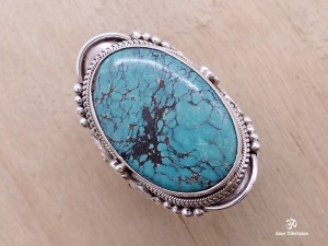 BA141 Bague Tibétaine Argent Massif Turquoise. Taille 62