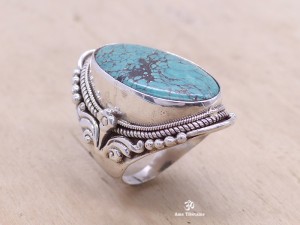 BA141 Bague Tibétaine Argent Massif Turquoise. Taille 62
