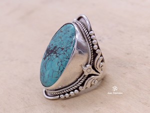 BA141 Bague Tibétaine Argent Massif Turquoise. Taille 62