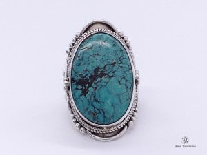 BA141 Bague Tibétaine Argent Massif Turquoise. Taille 62