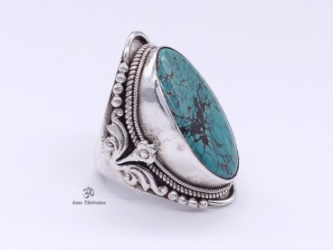 BA141 Bague Tibétaine Argent Massif Turquoise. Taille 62