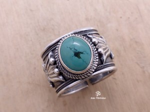 BA147 Bague Tibétaine Argent Massif Turquoise