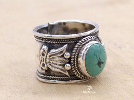 BA147 Bague Tibétaine Argent Massif Turquoise
