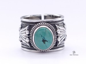 BA147 Bague Tibétaine Argent Massif Turquoise