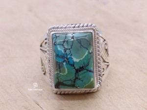 BA243 Bague Tibétaine Argent Massif Turquoise. Taille 62
