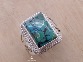 BA243 Bague Tibétaine Argent Massif Turquoise. Taille 62