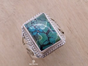 BA243 Bague Tibétaine Argent Massif Turquoise. Taille 62