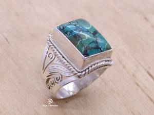 BA243 Bague Tibétaine Argent Massif Turquoise. Taille 62