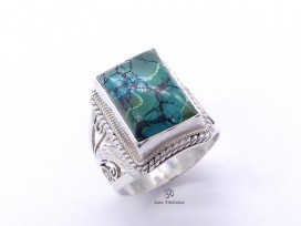 BA243 Bague Tibétaine Argent Massif Turquoise. Taille 62