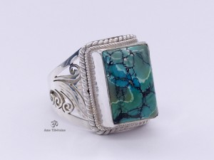 BA243 Bague Tibétaine Argent Massif Turquoise. Taille 62