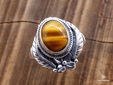 BA290 Bague Tibétaine Argent Massif Oeil de Tigre. Taille Réglable