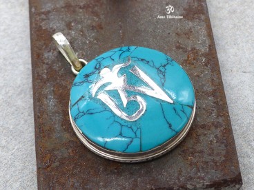 PA134 Pendentif Argent Massif Om Tibétain Turquoise