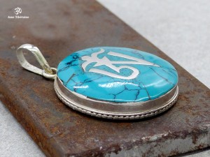 PA134 Pendentif Argent Massif Om Tibétain Turquoise