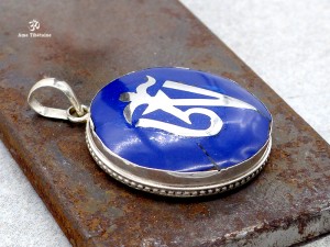 PA135 Pendentif Argent Massif Om Tibétain Lapis Lazuli