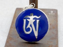PA135 Pendentif Argent Massif Om Tibétain Lapis Lazuli