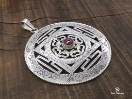 PA140 Grand Pendentif Argent Massif Mandala Grenat