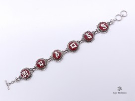 BRA10 Bracelet Tibétain Argent Massif Corail Mantra Bouddhiste 