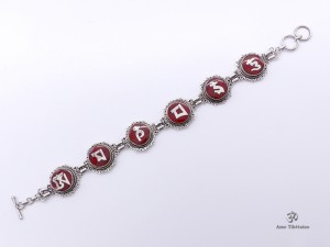 BRA10 Bracelet Tibétain Argent Massif Corail Mantra Bouddhiste 