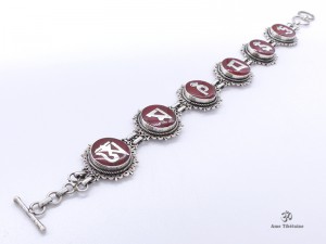 BRA10 Bracelet Tibétain Argent Massif Corail Mantra Bouddhiste 
