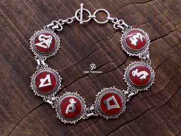 BRA10 Bracelet Tibétain Argent Massif Corail Mantra Bouddhiste 