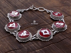 BRA10 Bracelet Tibétain Argent Massif Corail Mantra Bouddhiste 