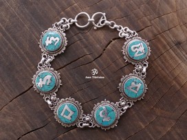 BRA12 Bracelet Tibétain Argent Massif Turquoise Mantra Bouddhiste