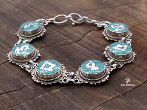 BRA12 Bracelet Tibétain Argent Massif Turquoise Mantra Bouddhiste