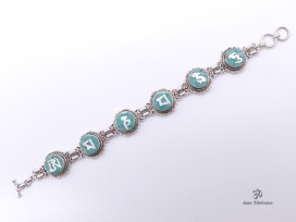 BRA12 Bracelet Tibétain Argent Massif Turquoise Mantra Bouddhiste