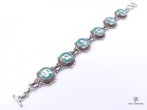 BRA12 Bracelet Tibétain Argent Massif Turquoise Mantra Bouddhiste