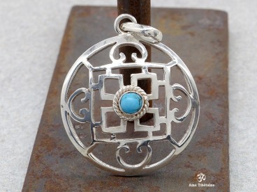 PA156 Pendentif Argent Massif Tibétain Mandala Turquoise