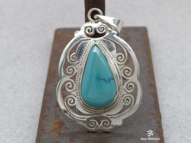 PA326 Pendentif Tibétain Argent Massif Turquoise